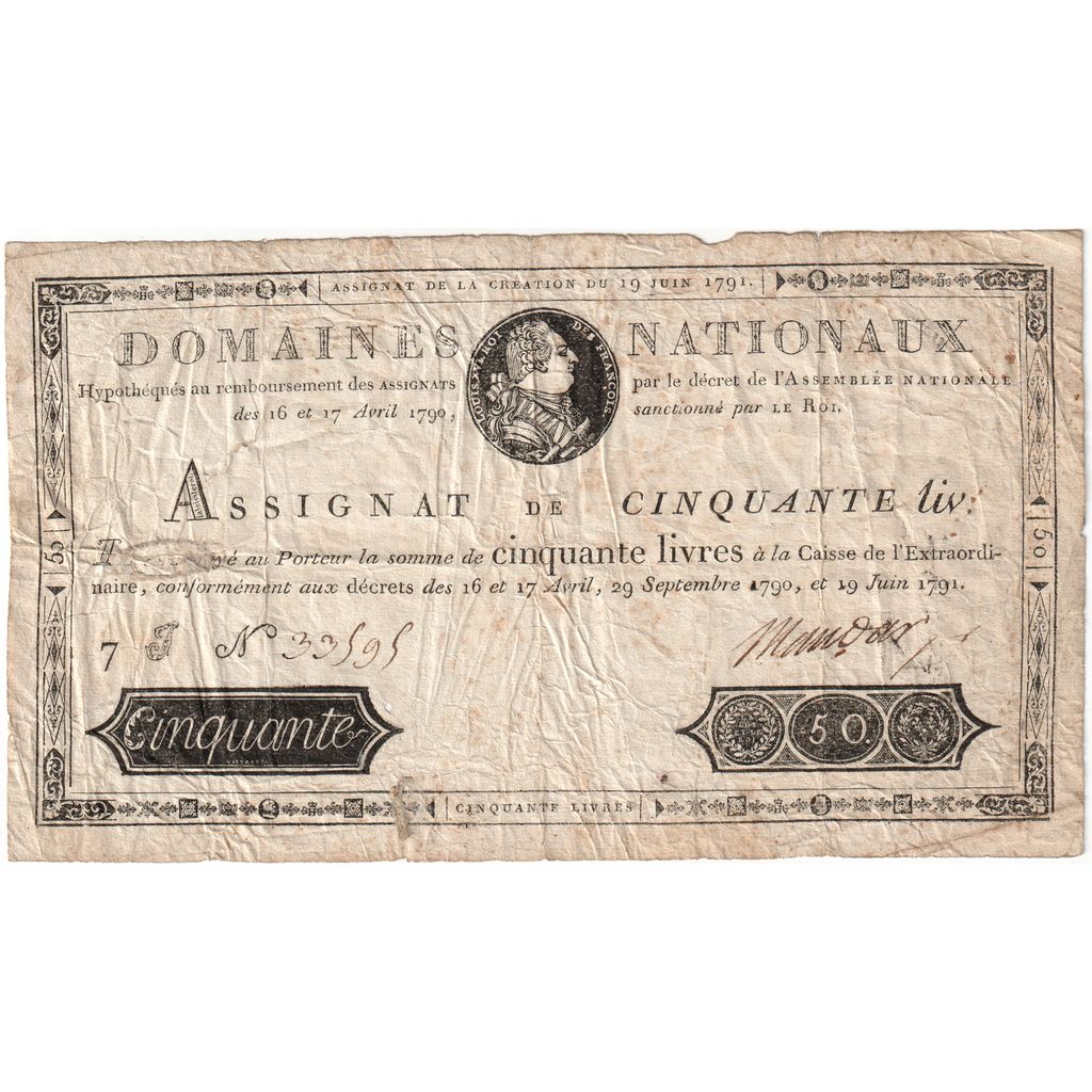 France, 50 Livres, 1791-06-19, 7J, F(12-15)