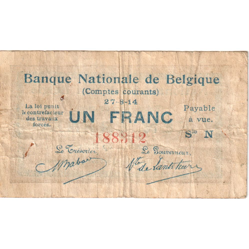 Belgium, 1 Franc, 1914-08-27, EF(40-45)