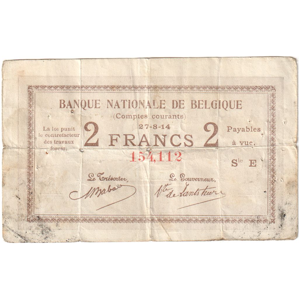 Belgium, 2 Francs, 1914-08-27, EF(40-45)