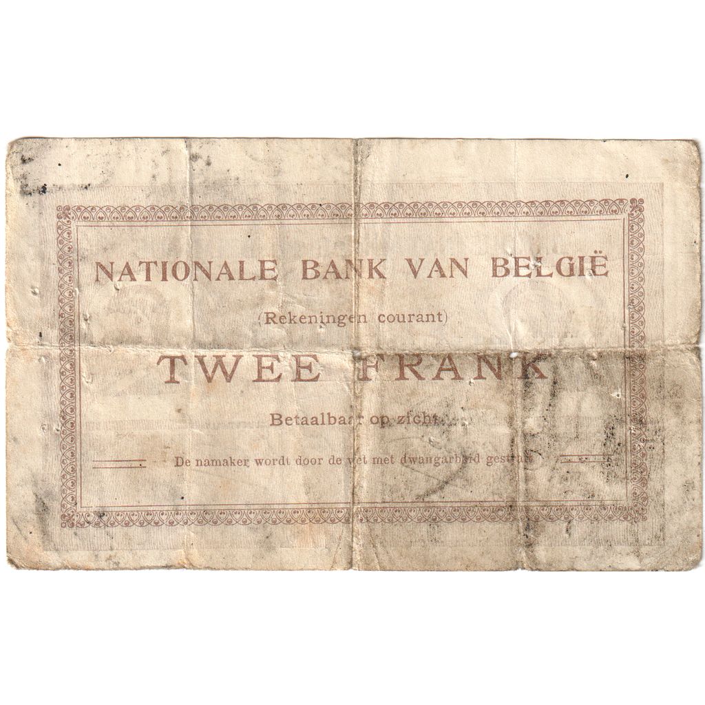 Belgium, 2 Francs, 1914-08-27, EF(40-45)