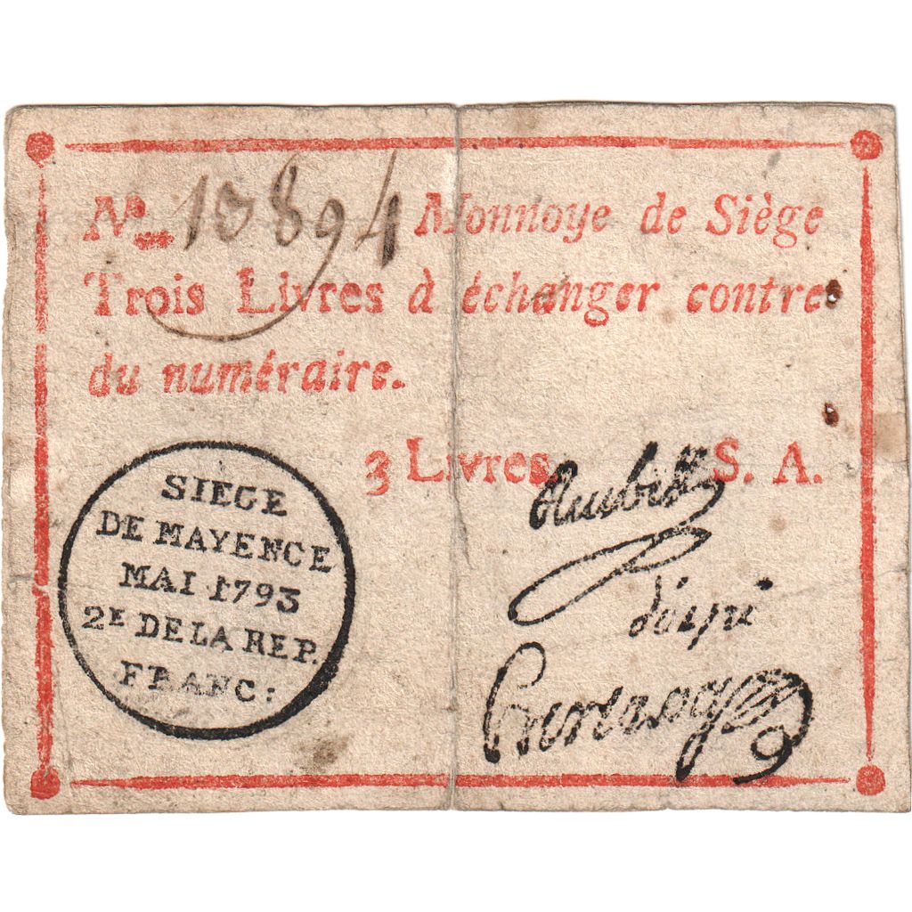 Francia, 3 Livres, 1793-05-02, Siège de Mayence, MB+