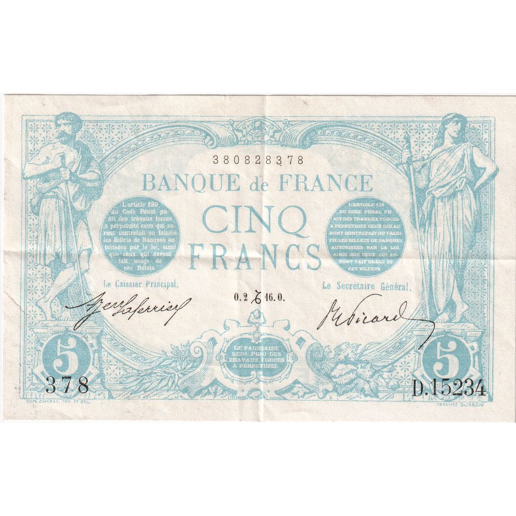 Frankreich, 5 Francs, Bleu, 1916-12-02, D.15234, SS+