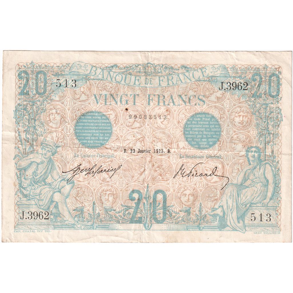 France, 20 Francs, Bleu, 1913-01-23, J.3962, EF(40-45)