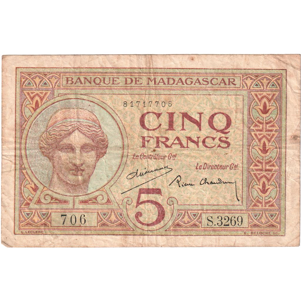 Madagascar, 5 Francs, ND(1937-1947), VF(20-25)