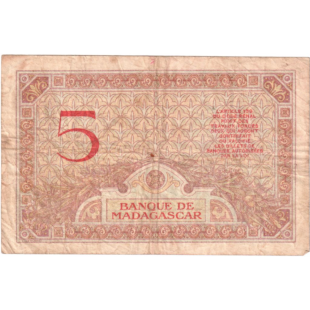 Madagascar, 5 Francs, ND(1937-1947), VF(20-25)