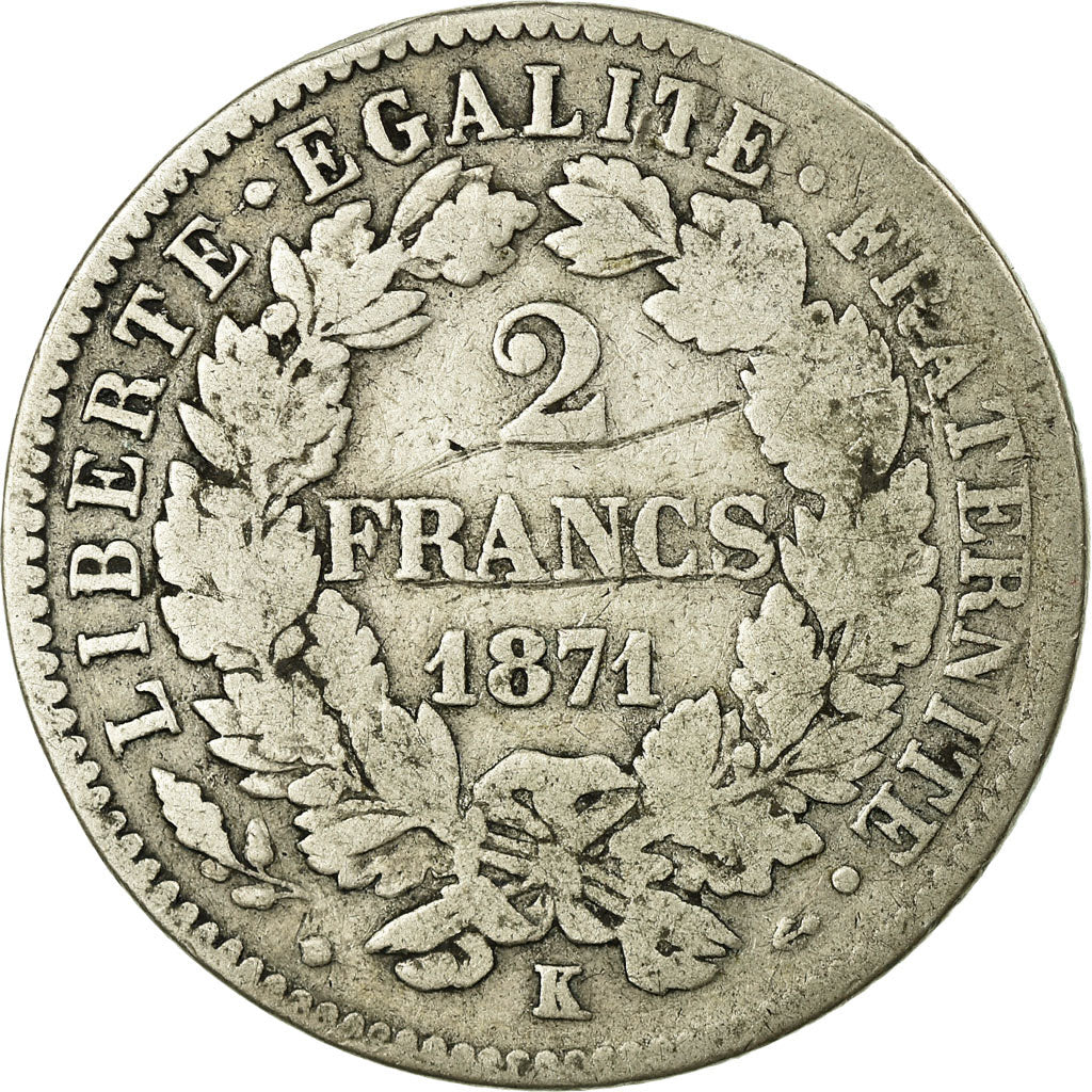 Coin, France, Cérès, 2 Francs, 1871, Bordeaux, VF(20-25), Silver, KM:817.2