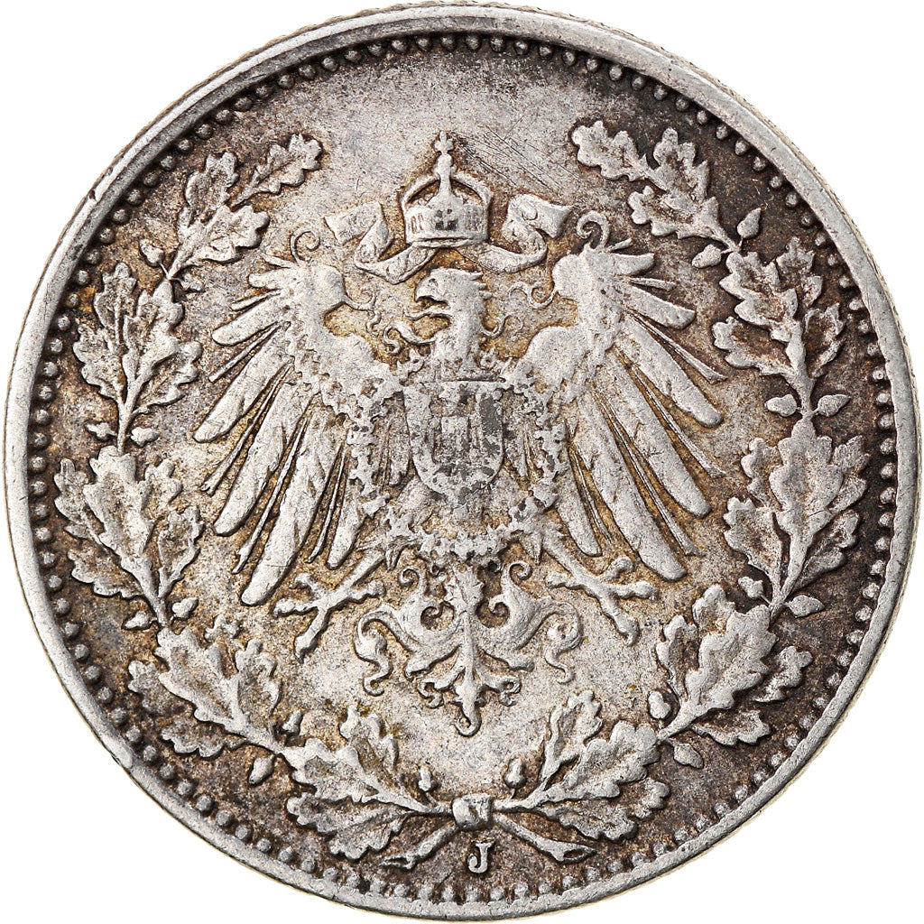 Coin, GERMANY - EMPIRE, 1/2 Mark, 1916, Hamburg, VF(30-35), Silver, KM:17
