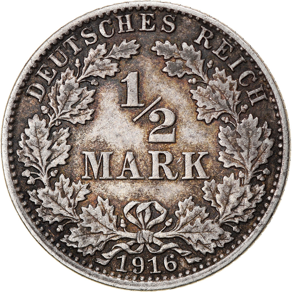 Coin, GERMANY - EMPIRE, 1/2 Mark, 1916, Hamburg, VF(30-35), Silver, KM:17