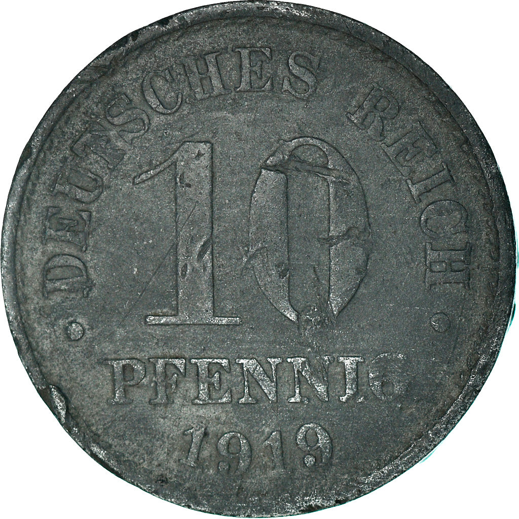 Moneta, NIEMCY - IMPERIUM, 10 Pfennig, 1919, VF(30-35), Cynk, KM:26