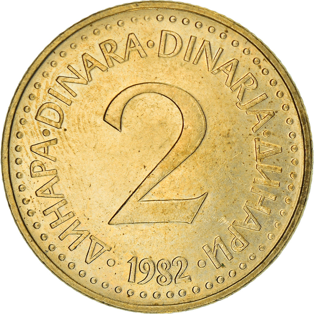Coin, Yugoslavia, 2 Dinara, 1982, AU(55-58), Nickel-brass, KM:87