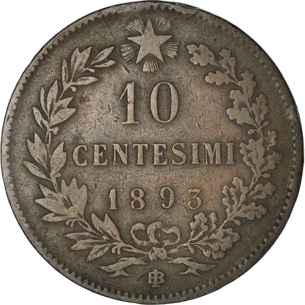 Coin, Italy, Umberto I, 10 Centesimi, 1893, Birmingham, VF(20-25), Copper