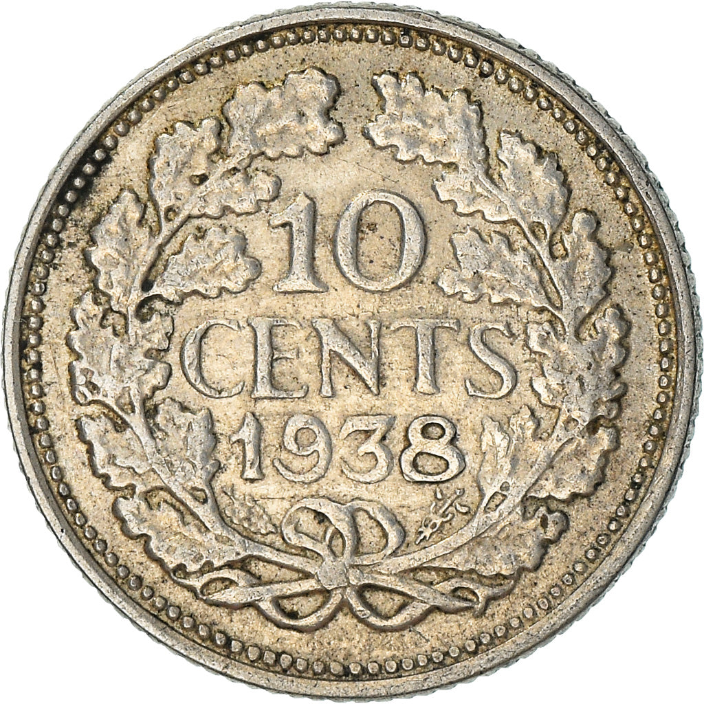 Moneda, Países Bajos, Wilhelmina I, 10 Cents, 1938, MBC+, Plata, KM:163