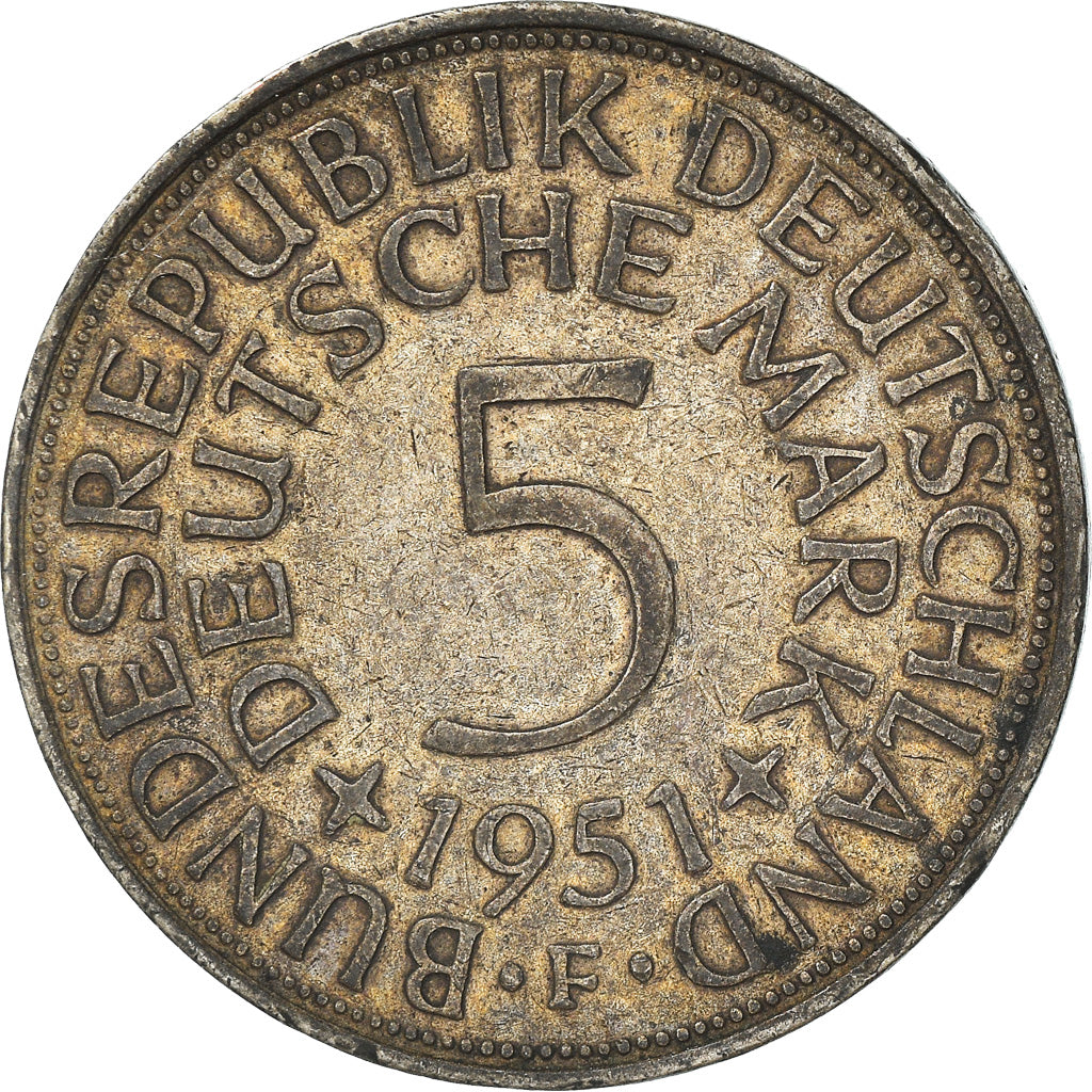 Coin, GERMANY - FEDERAL REPUBLIC, 5 Mark, 1951, Stuttgart, EF(40-45), Silver