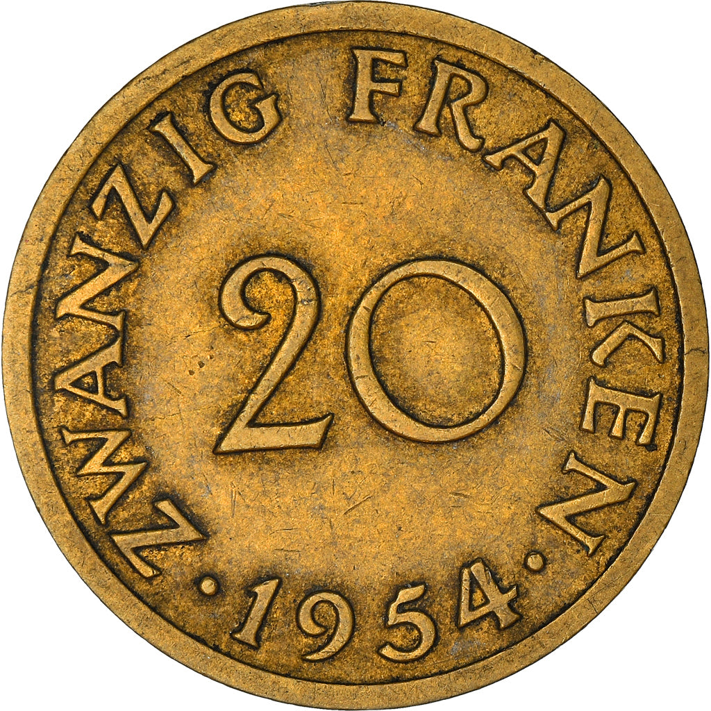 Coin, SAARLAND, 20 Franken, 1954, Paris, VF(30-35), Aluminum-Bronze, KM:2