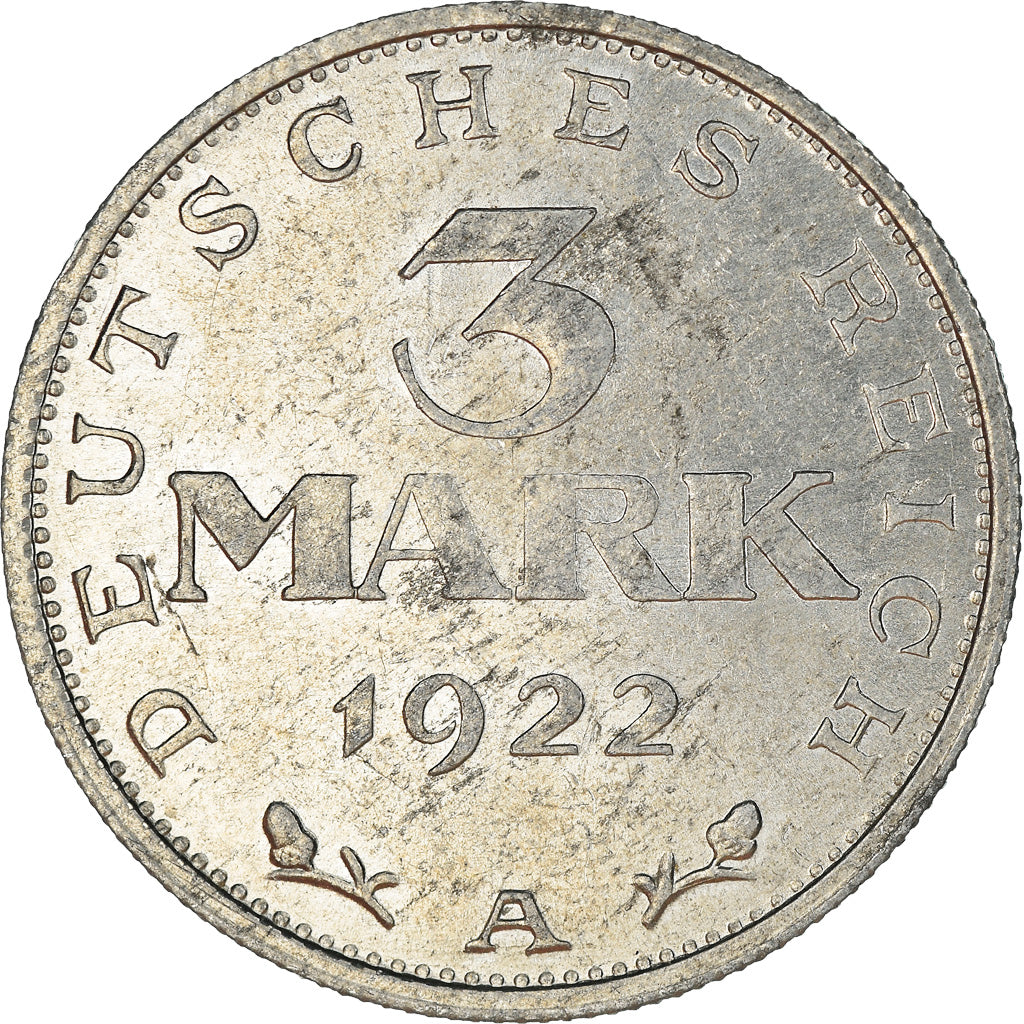Moneta, NIEMCY, REP. WEIMARSKA, 3 Mark, 1922, Berlin, EF(40-45), Aluminium