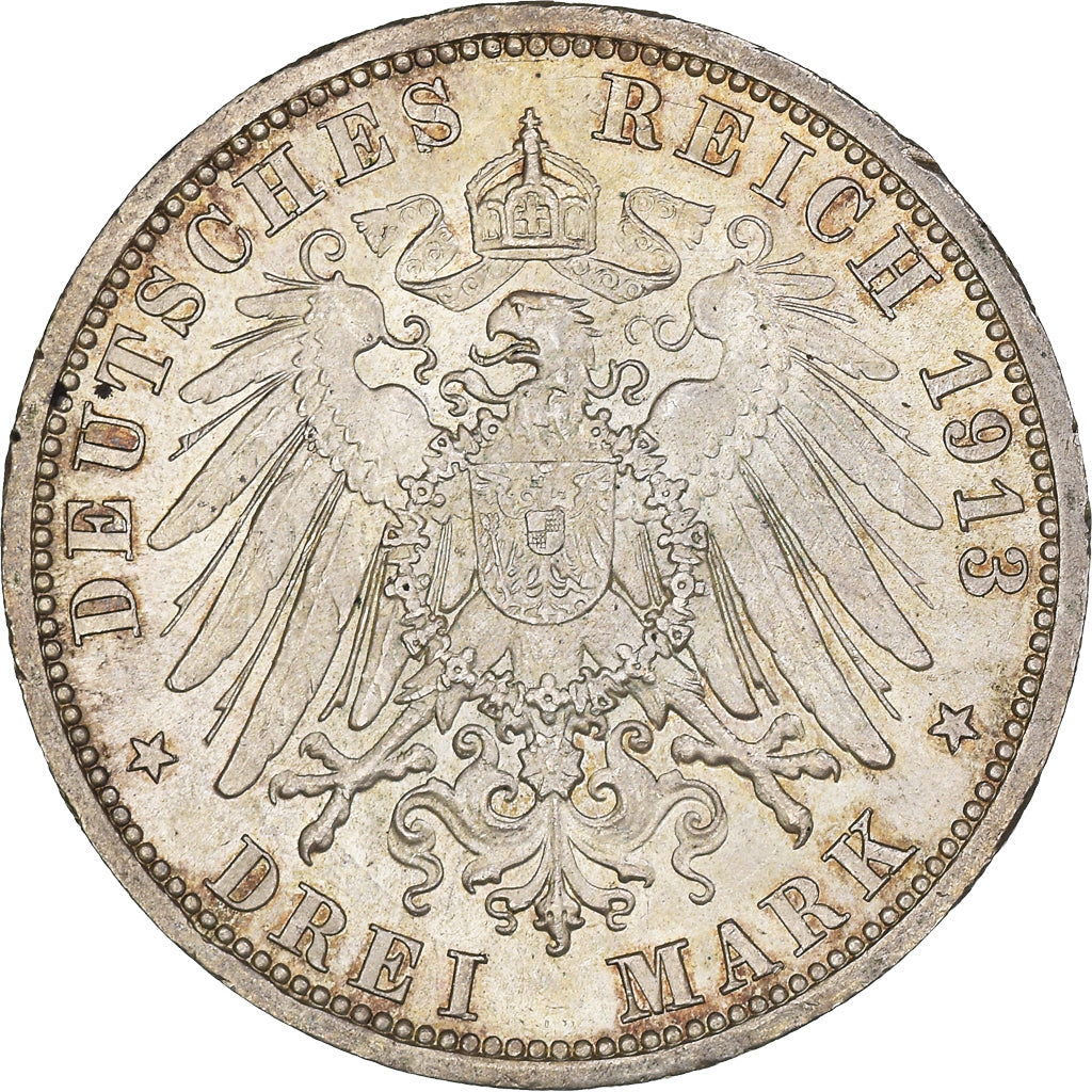 Coin, German States, PRUSSIA, Wilhelm II, 3 Mark, 1913, Berlin, AU(50-53)