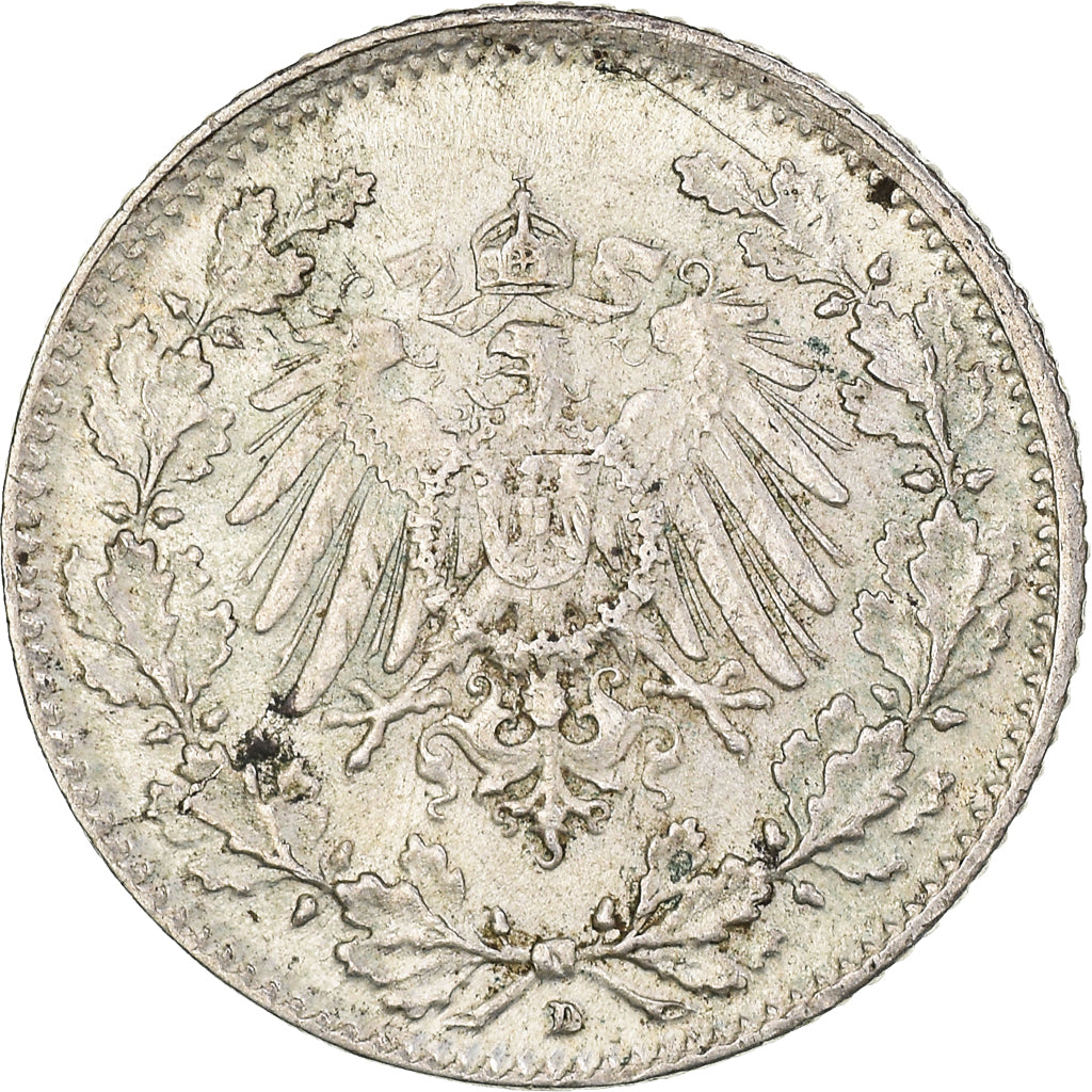 Coin, GERMANY - EMPIRE, 1/2 Mark, 1915, Munich, AU(50-53), Silver, KM:17