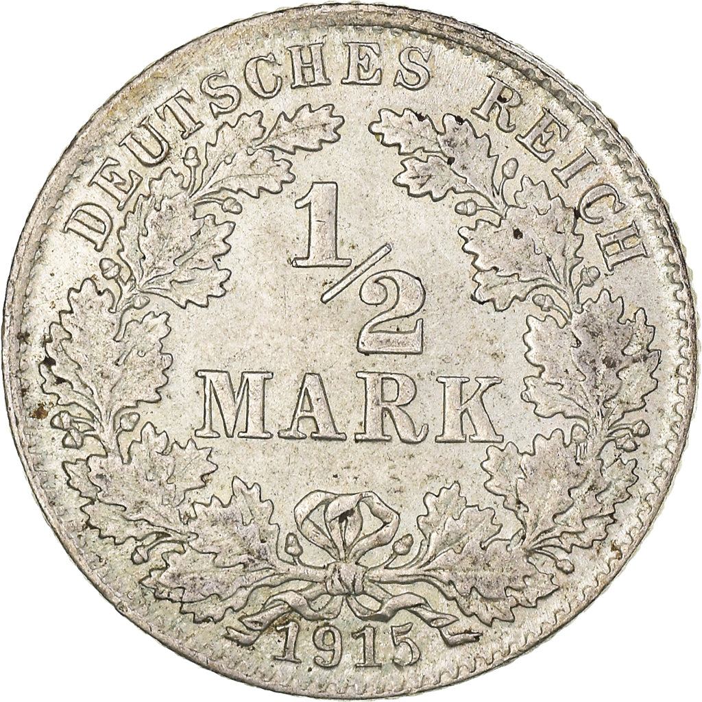 Coin, GERMANY - EMPIRE, 1/2 Mark, 1915, Munich, AU(50-53), Silver, KM:17
