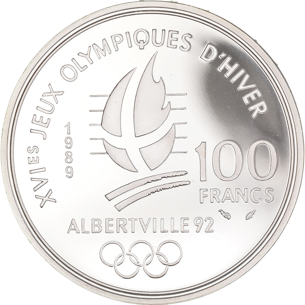France, 100 Francs, Albertville - Ice Skating, 1989, Silver, MS(65-70)
