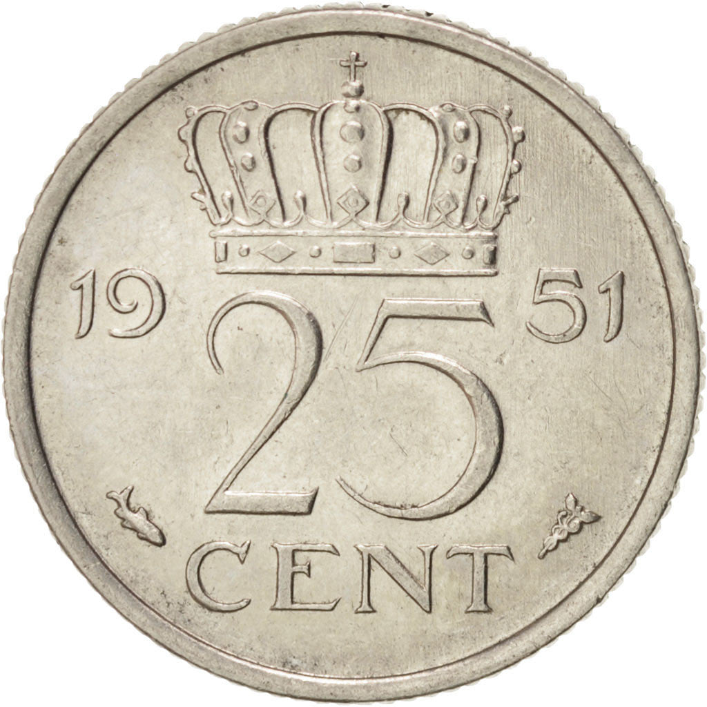 Coin, Netherlands, Juliana, 25 Cents, 1951, AU(55-58), Nickel, KM:183