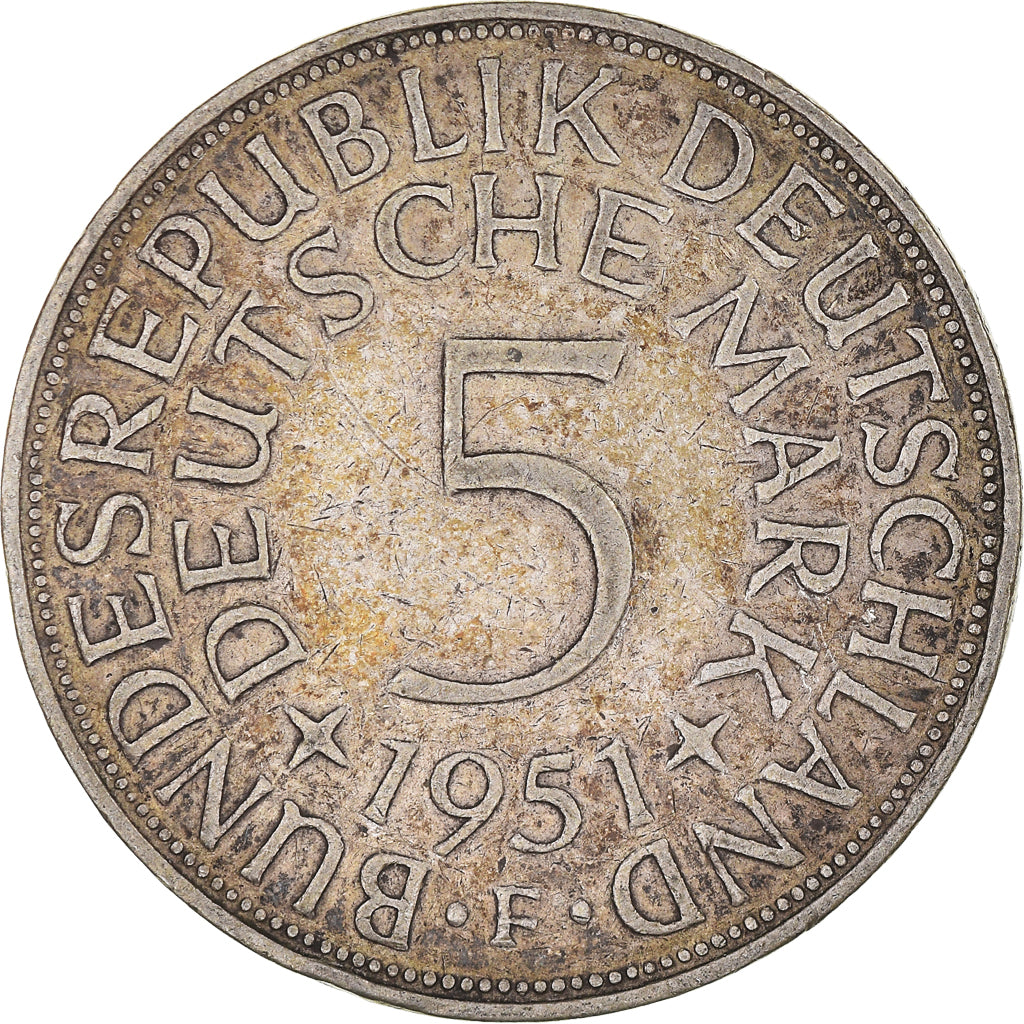 Coin, GERMANY - FEDERAL REPUBLIC, 5 Mark, 1951, Stuttgart, EF(40-45), Silver