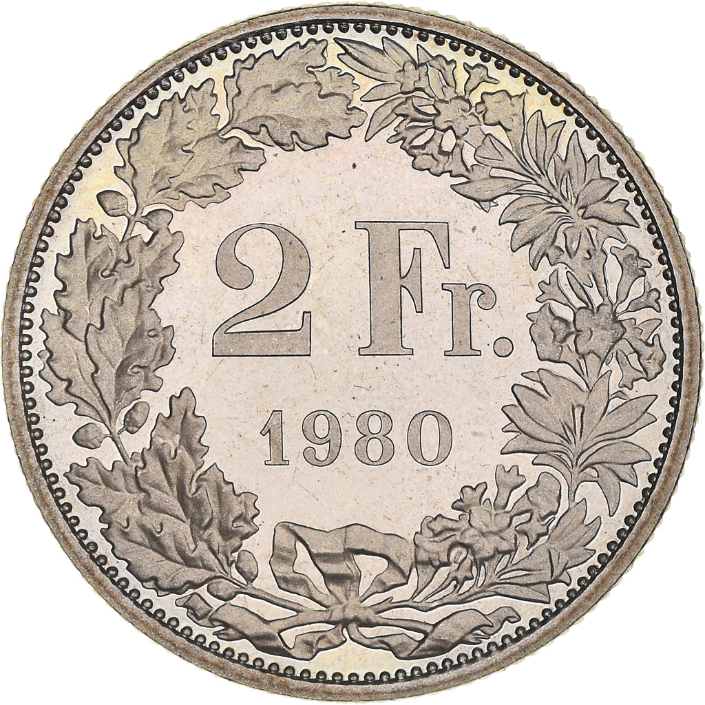 Coin, Switzerland, 2 Francs, 1980, Bern, Proof, MS(65-70), Copper-nickel
