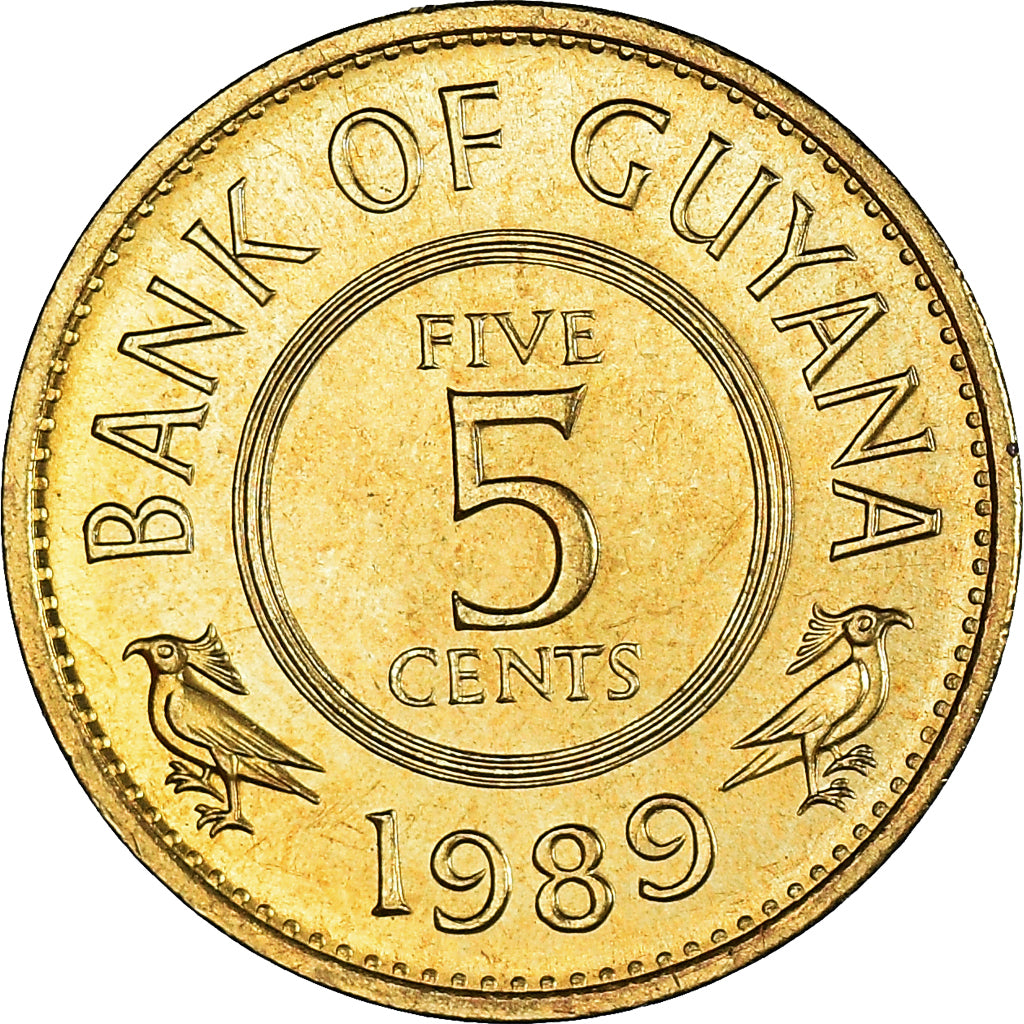 Moneta, Gujana, 5 Cents, 1989, MS(64), Mosiądz niklowy, KM:32