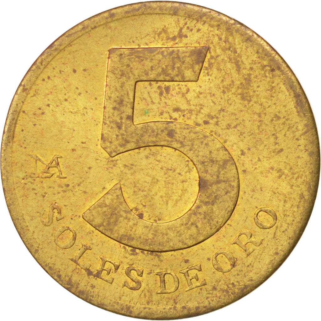 Coin, Peru, 5 Soles, 1981, AU(55-58), Brass, KM:271