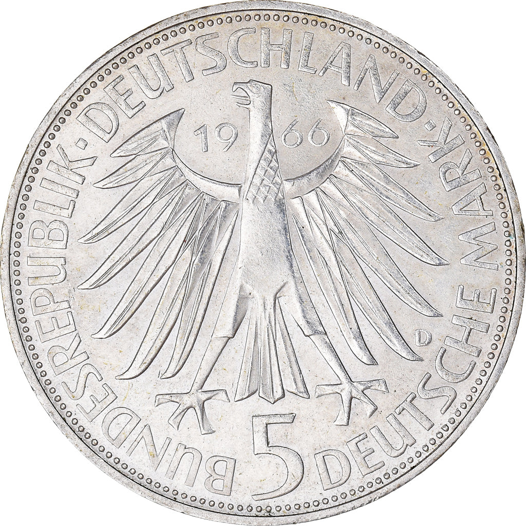 Moneta, Niemcy - RFN, 5 Mark, 1966, Munich, Germany, AU(50-53), Srebro, KM:119.1