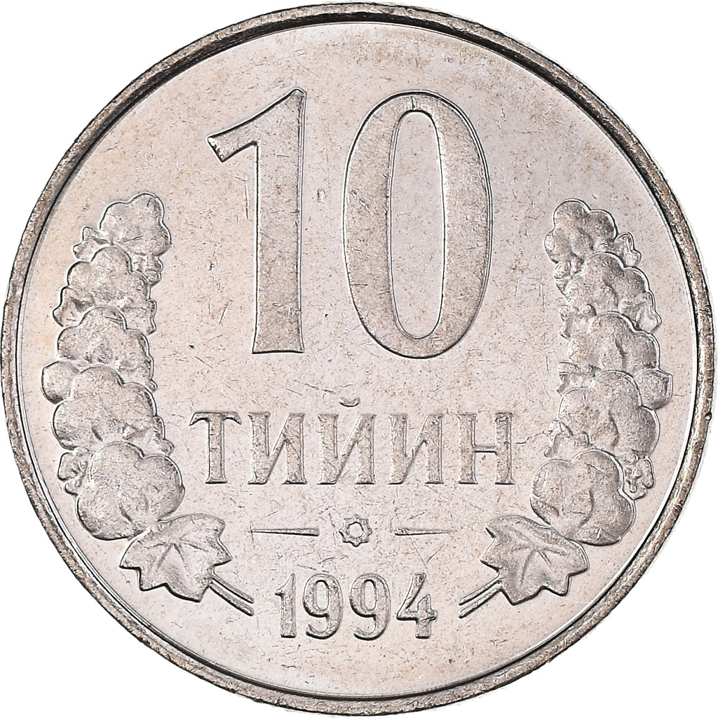 Usbequistão, 10 Tiyin, 1994, Aço Revestido a Níquel, MS(60-62), KM:4.1