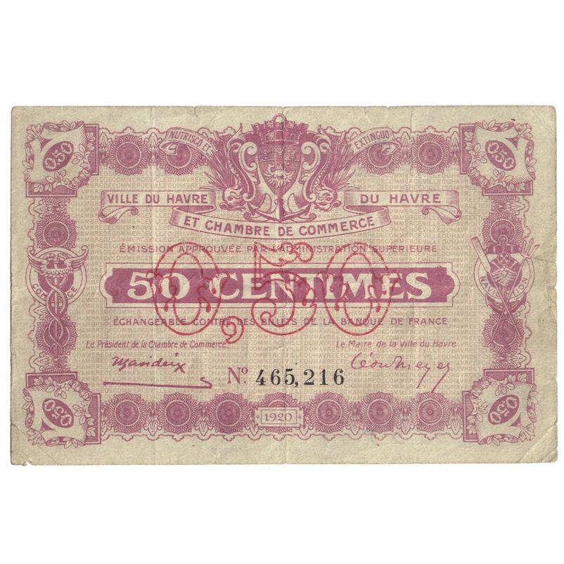France, Le Havre, 50 Centimes, 1920, Chambre de Commerce, EF(40-45), Pirot:68-20