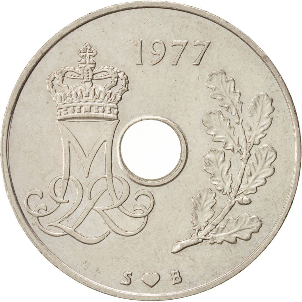 Coin, Denmark, Margrethe II, 25 Öre, 1977, Copenhagen, MS(63), Copper-nickel