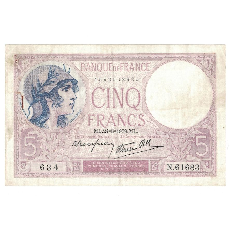 Francja, 5 Francs, Violet, 1939, N.61683, AU(50-53), Fayette:4.10, KM:83