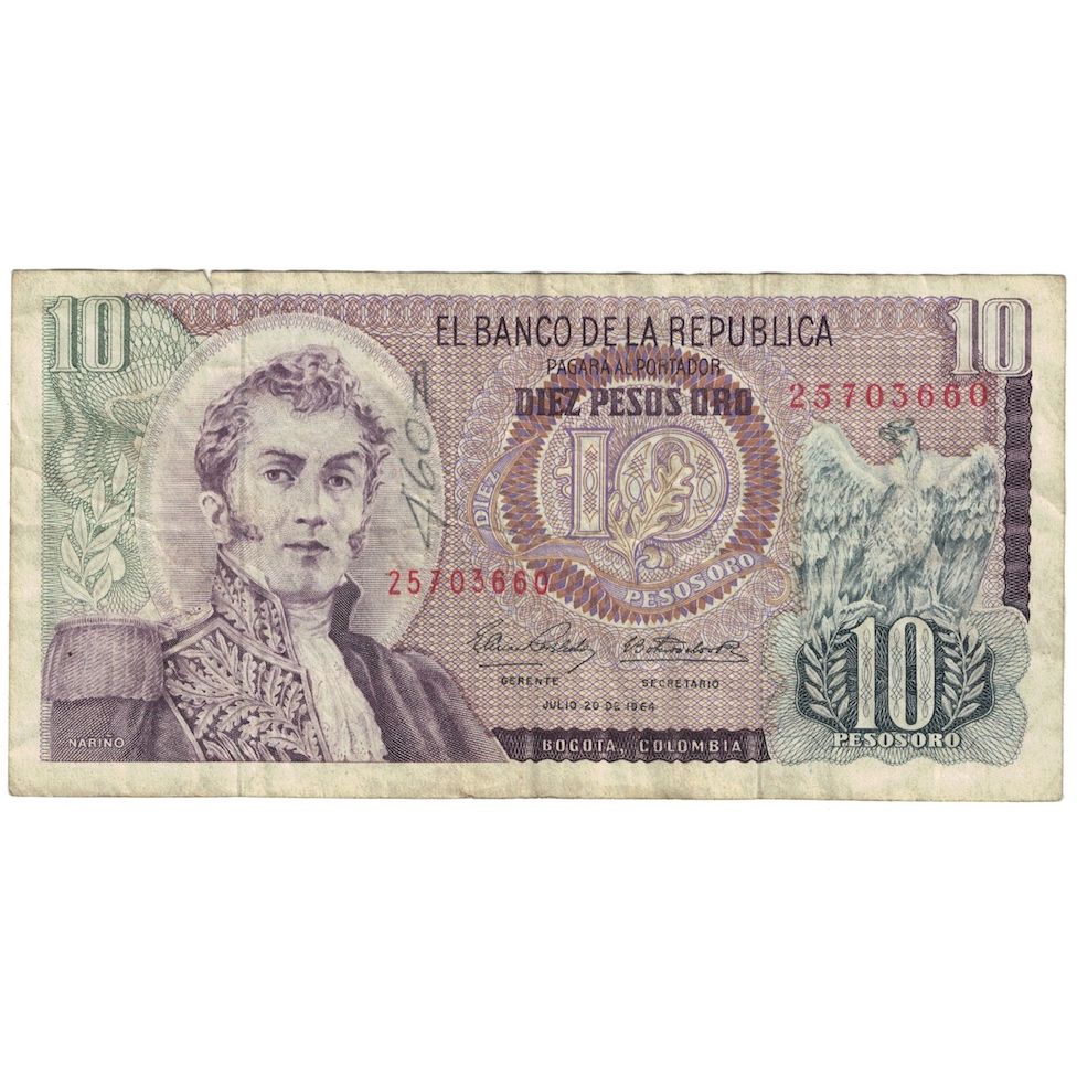 Geldschein, Kolumbien, 10 Pesos Oro, 1964, 1964-07-20, KM:407c, S+