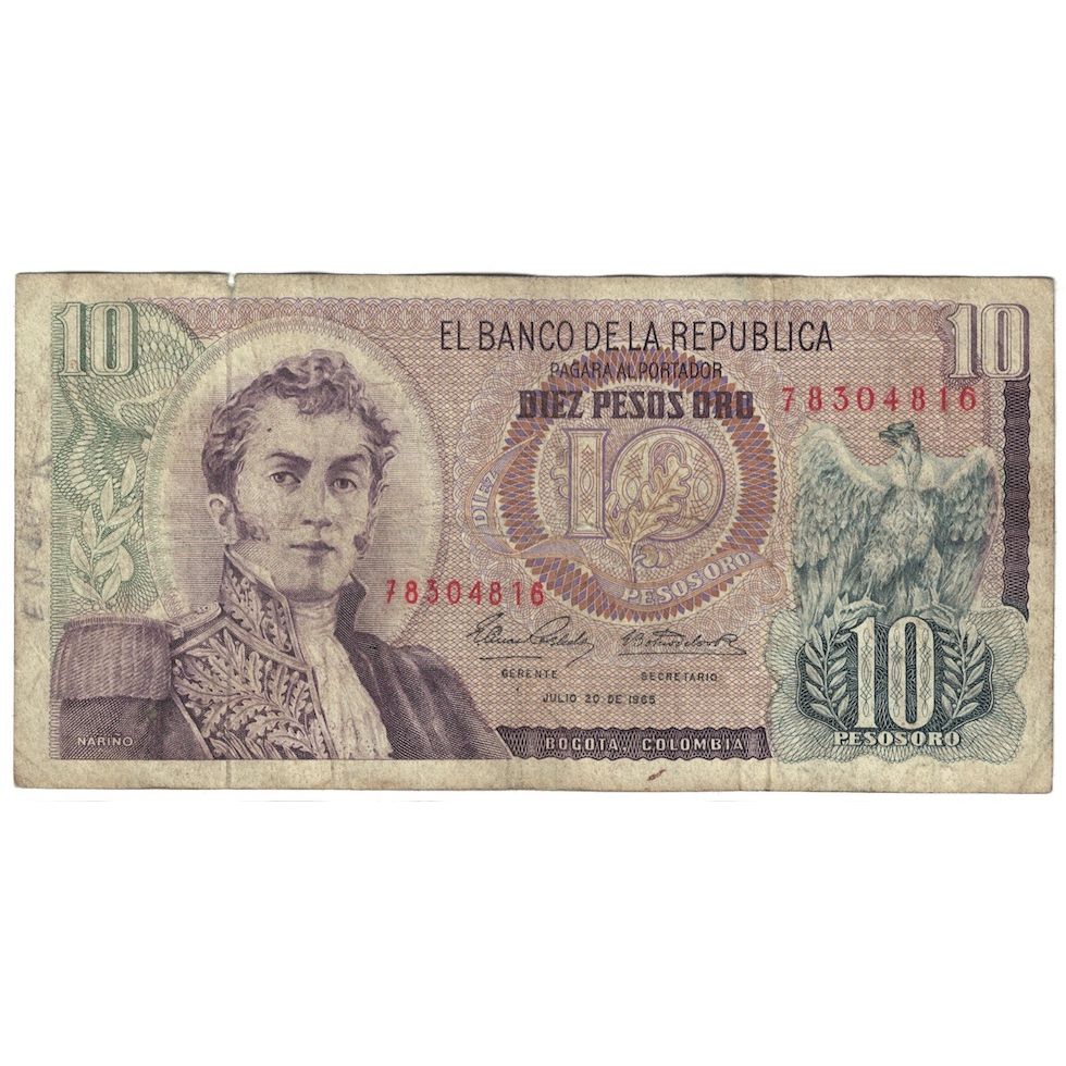 Billete, 10 Pesos Oro, 1965, Colombia, 1965-07-20, KM:407c, BC