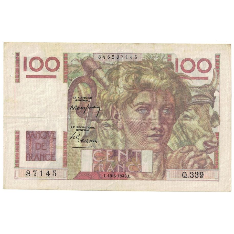 France, 100 Francs, Jeune Paysan, 1949, Q.339, AU(50-53), Fayette:28.24, KM:128b