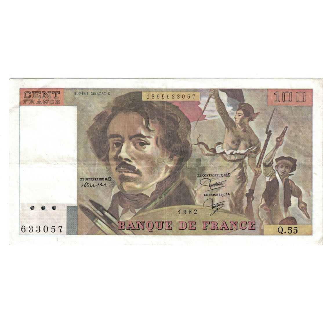France, 100 Francs, Delacroix, 1982, Q.55, AU(50-53), Fayette:69.6, KM:154b
