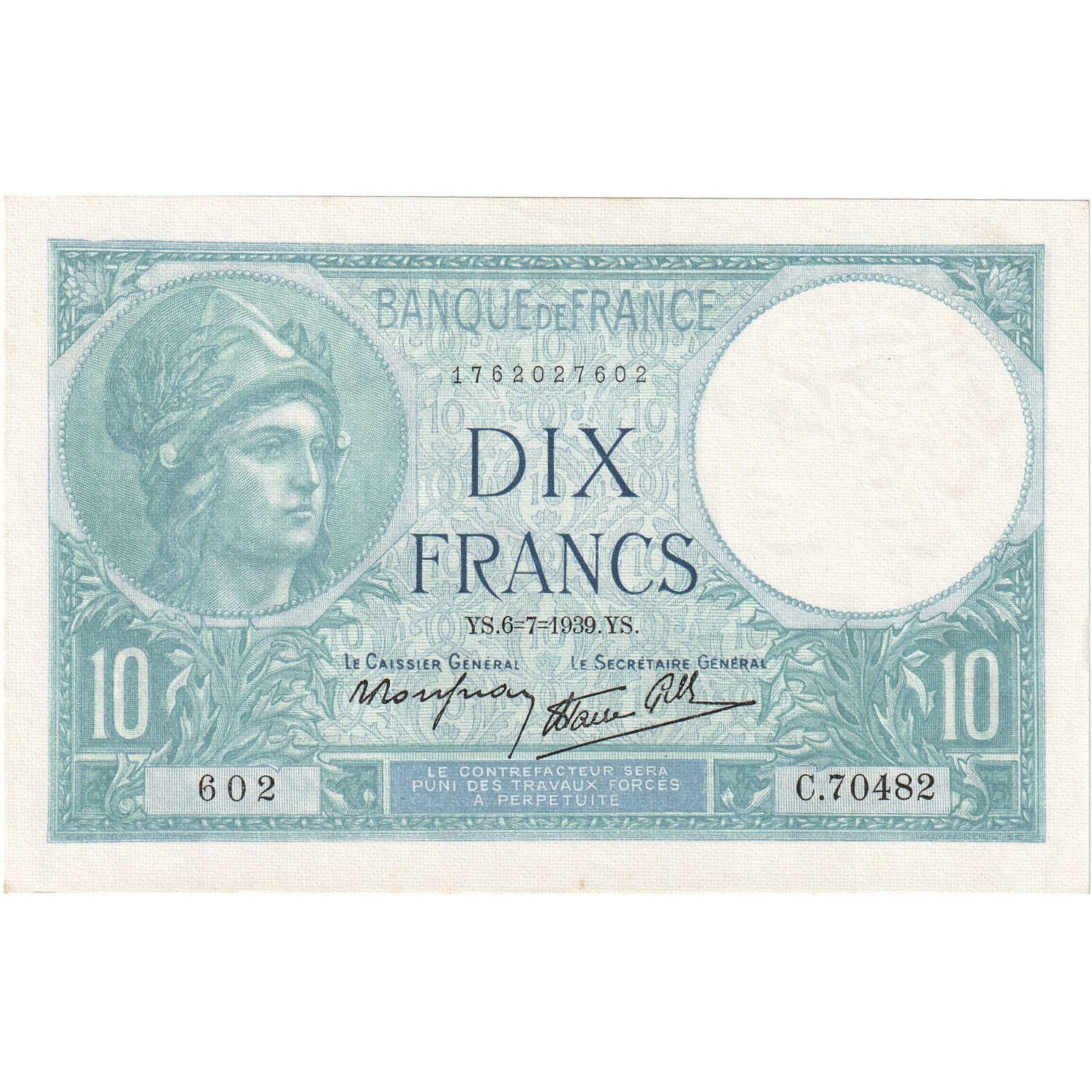 France, 10 Francs, Minerve, 1939, C.70482, UNC(64), Fayette:7.4, KM:84
