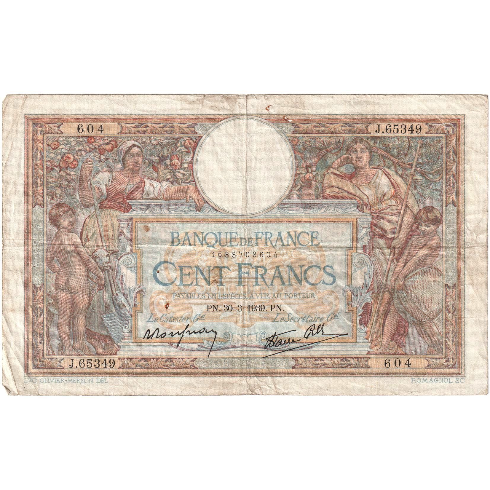 Frankreich, 100 Francs, Luc Olivier Merson, 1939, J.65349, S+, Fayette:25.44