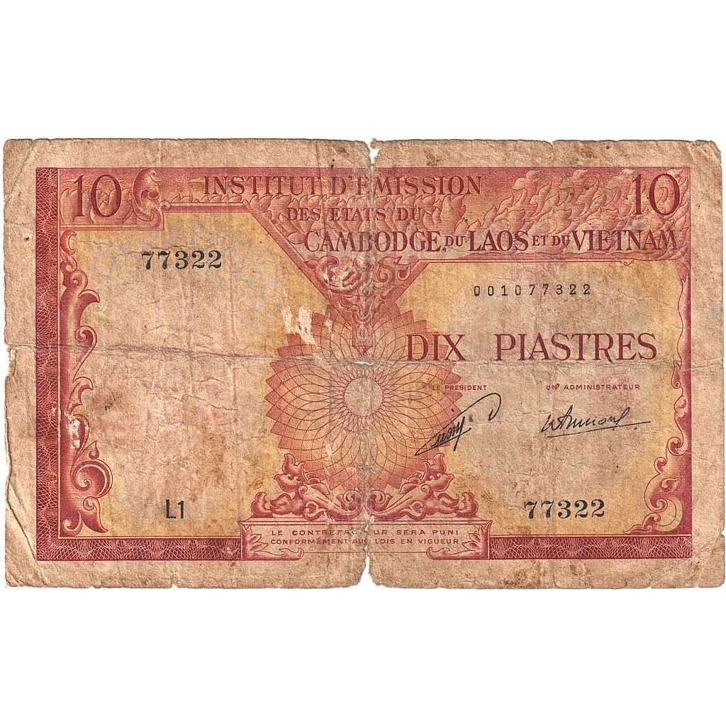 10 Piastres = 10 Kip, Undated (1953), INDOCHINA FRANCESA, KM:102, RC+
