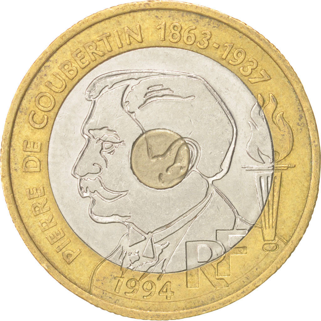 Coin, France, Pierre de Coubertin, 20 Francs, 1994, AU(55-58), Tri-Metallic