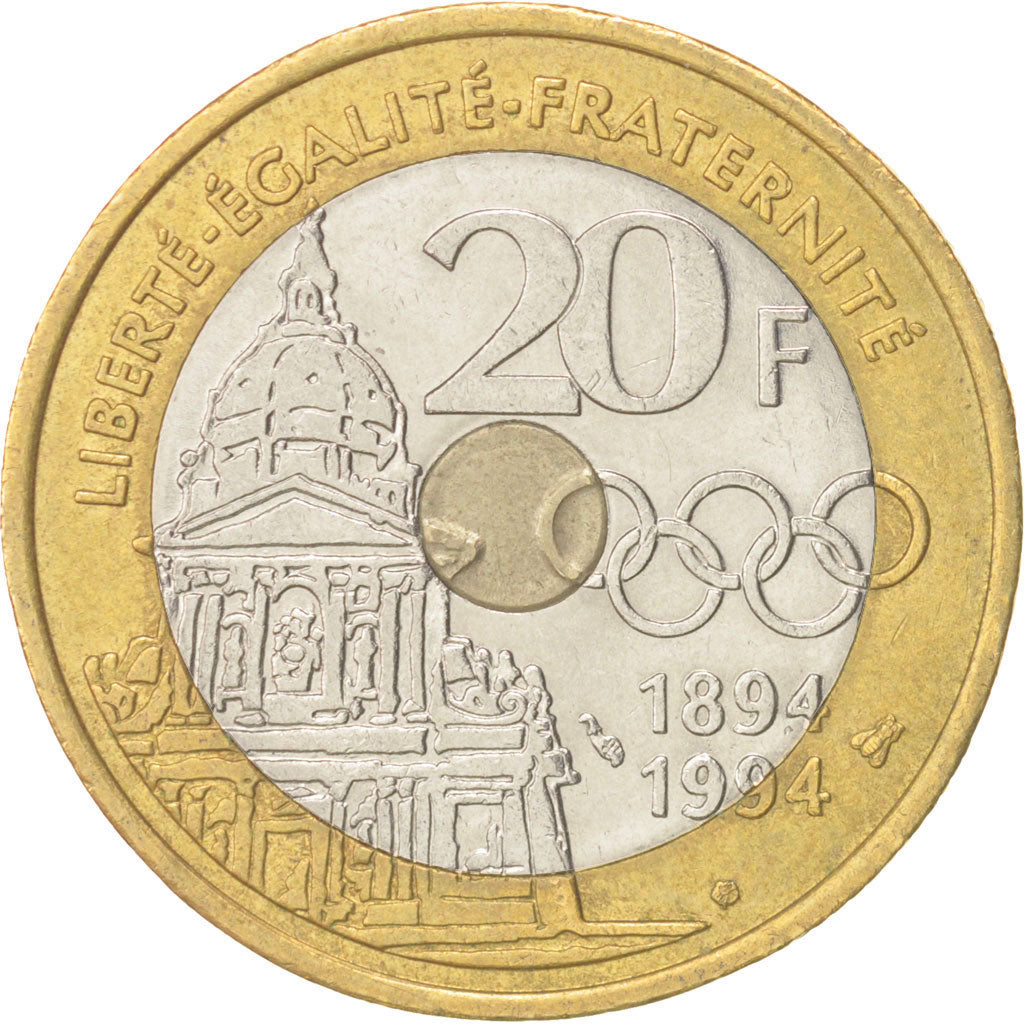 Coin, France, Pierre de Coubertin, 20 Francs, 1994, AU(55-58), Tri-Metallic