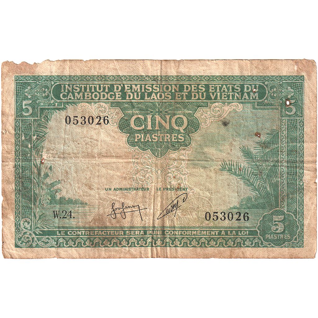 FRENCH INDO-CHINA, 5 Piastres = 5 Riels, Undated (1953), KM:95, VG(8-10)