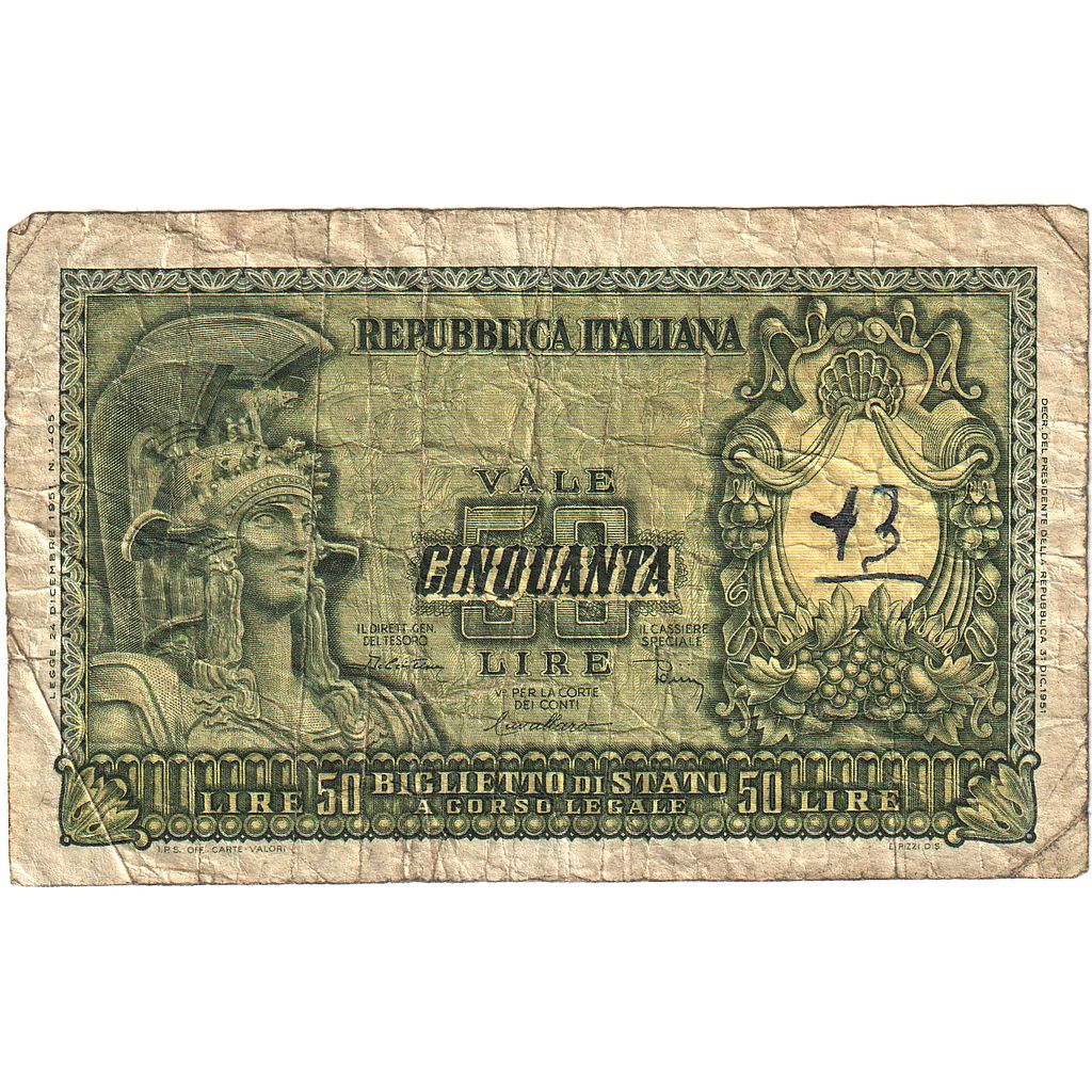 Italië, 50 Lire, 1951-12-31, KM:91b, B+