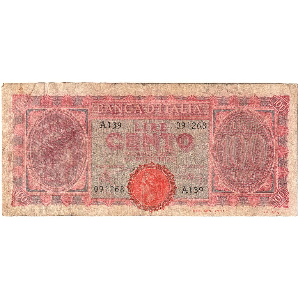 Italy, 100 Lire, 1943, 1943-10-07, KM:75a, VF(20-25)