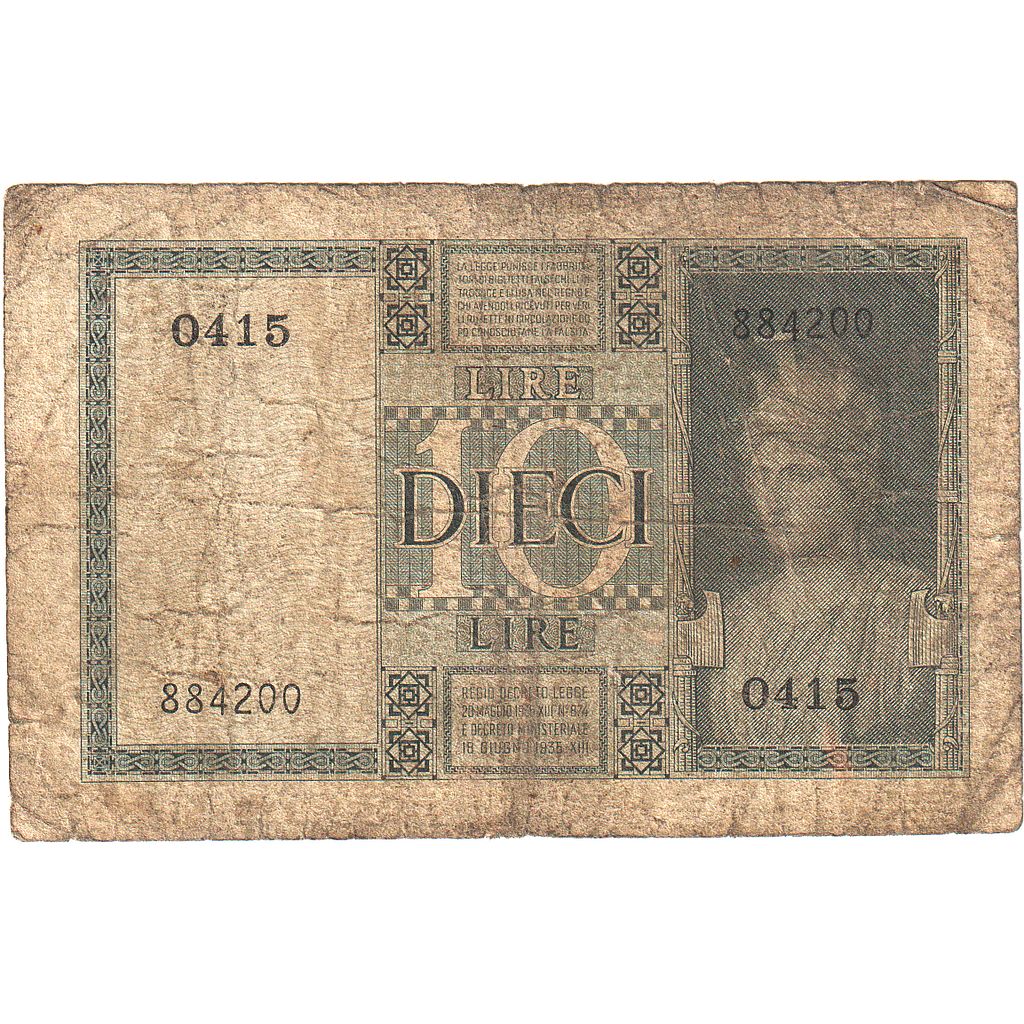 Italie, 10 Lire, 1939, KM:25c, AB+