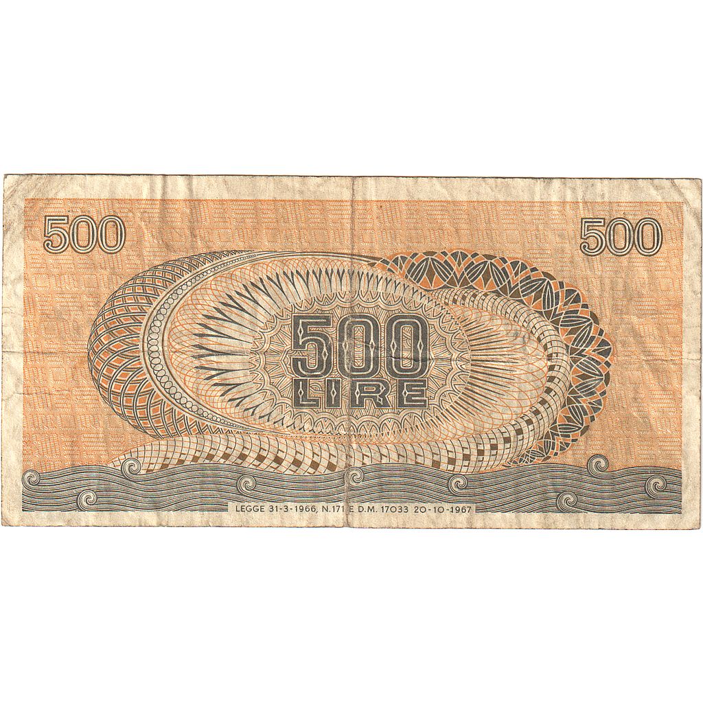 Italia, 500 Lire, 1967, 1967-10-20, KM:93a, MB+