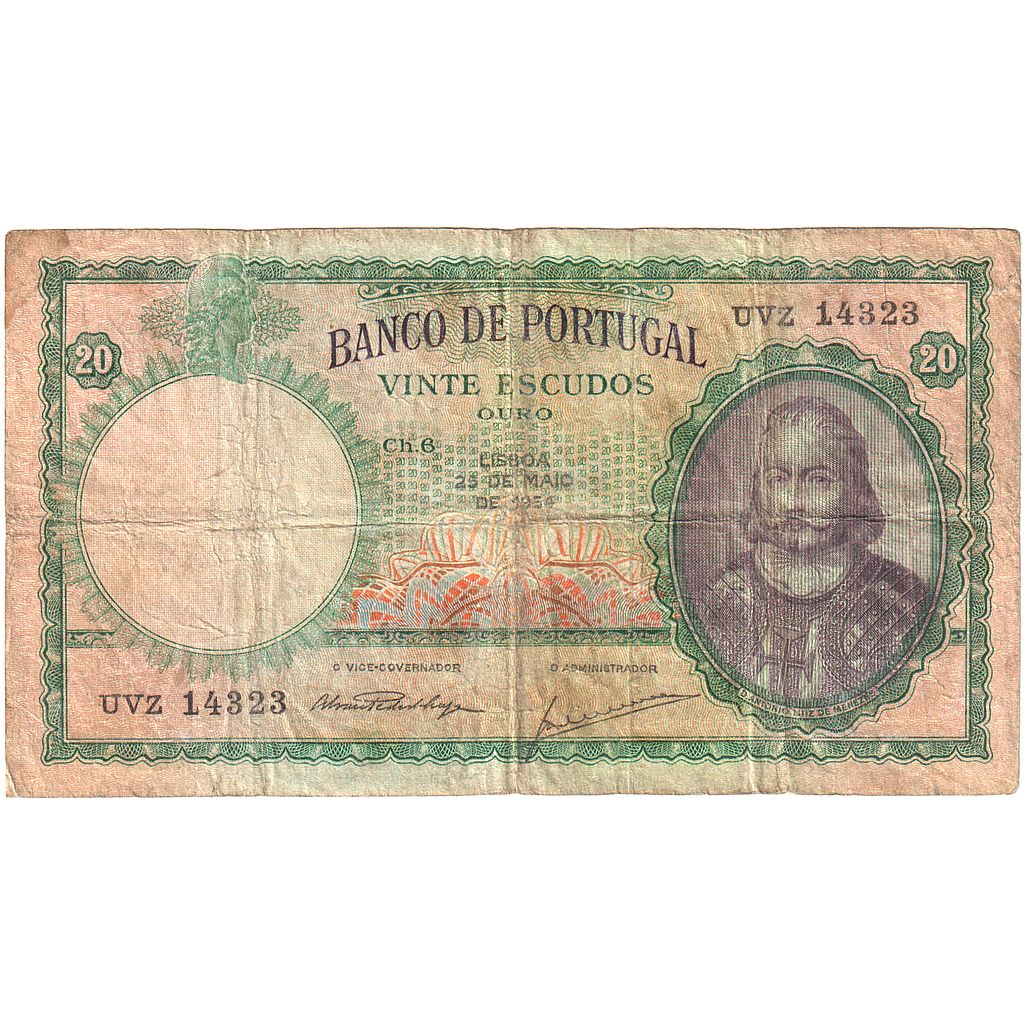 Portugal, 20 Escudos, 1954-05-25, KM:153a, VG(8-10)