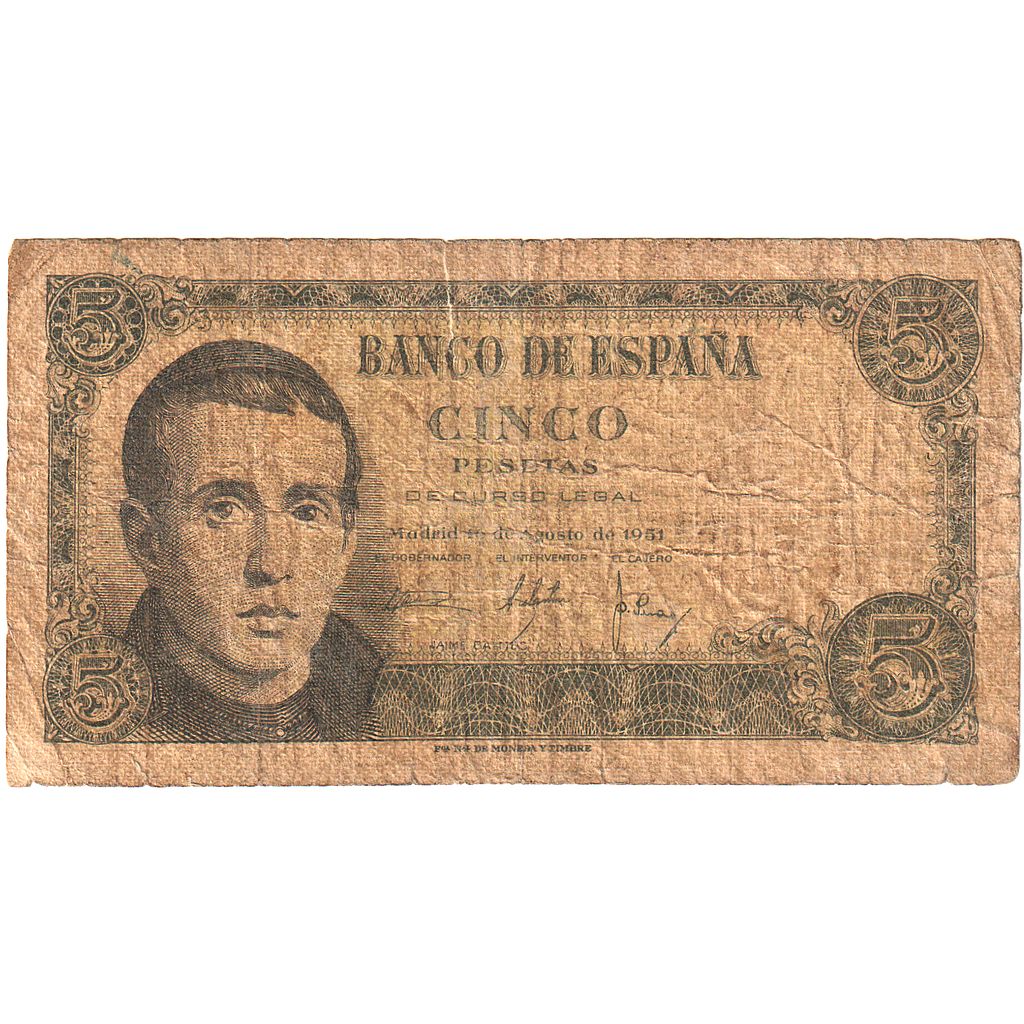 Hiszpania, 5 Pesetas, 1951-08-16, KM:140a, VG(8-10)