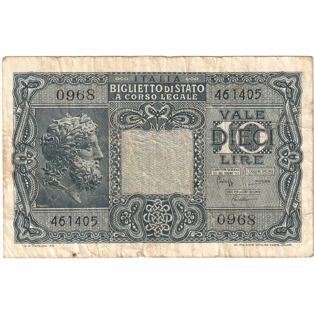 Italy, 10 Lire, 1944, 1944-11-23, KM:32c, VF(30-35)